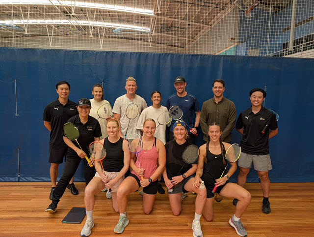 Eagles Development Coach Chad Morrison and other staff and AFLW players with WA's State High-Performance Badminton coaches Lily Buttrose, Daniel Fan & Edmund Xu.